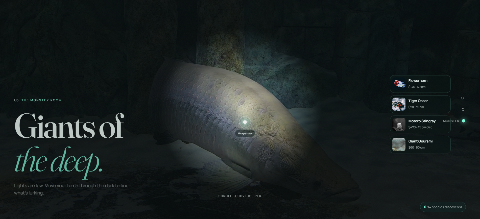The monster room — a torch follows the cursor through the dark to reveal the giants