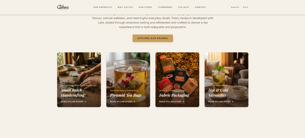 Handcrafted pillars: pyramid tea bags and fabric packaging