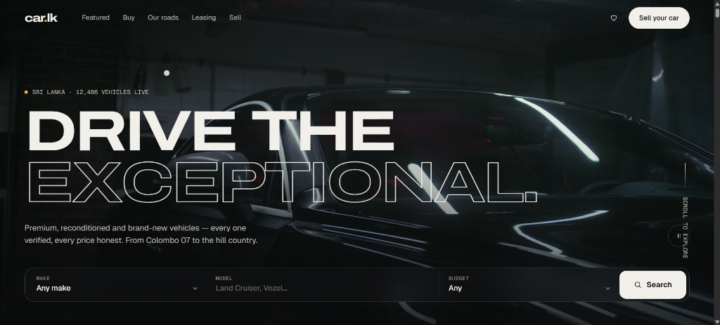Car.lk — Hero — "Drive the Exceptional" with make, model and budget search