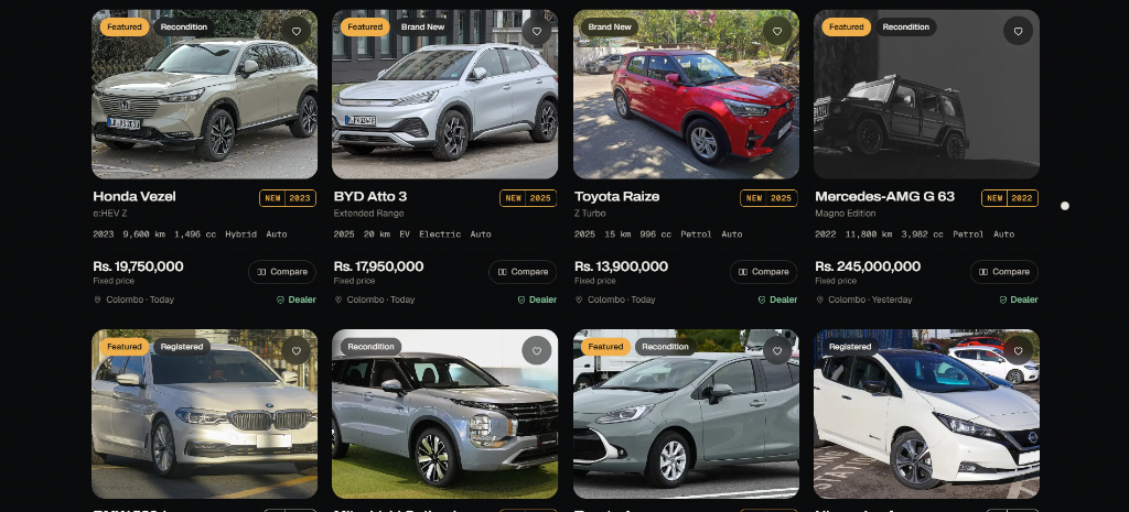 Vehicle marketplace grid — live inventory with dealer verification and pricing