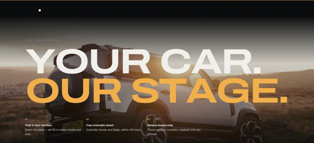 Seller onboarding — "Your Car. Our Stage" with 4-minute listing flow