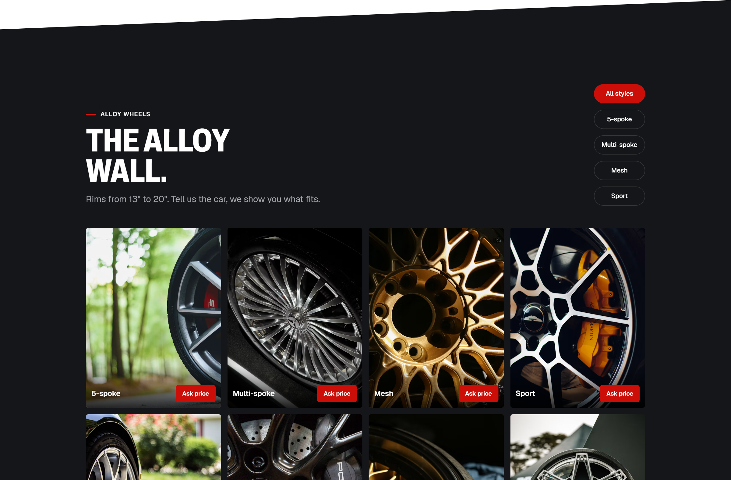 The alloy wall — rims from 13″ to 20″, filtered by style