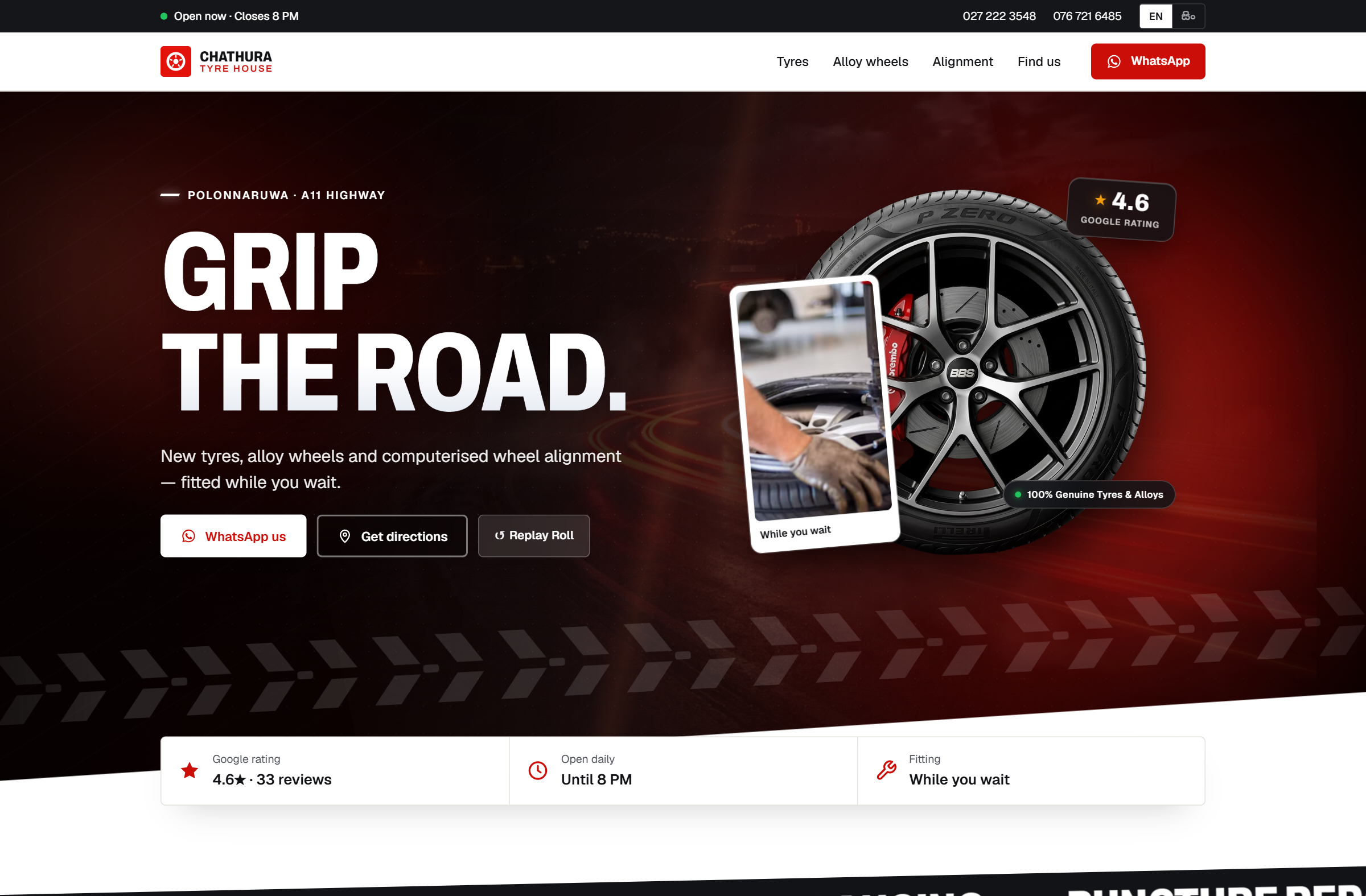 Chathura Tyre House — Hero — “Grip the road”, with the Google rating, opening hours and WhatsApp