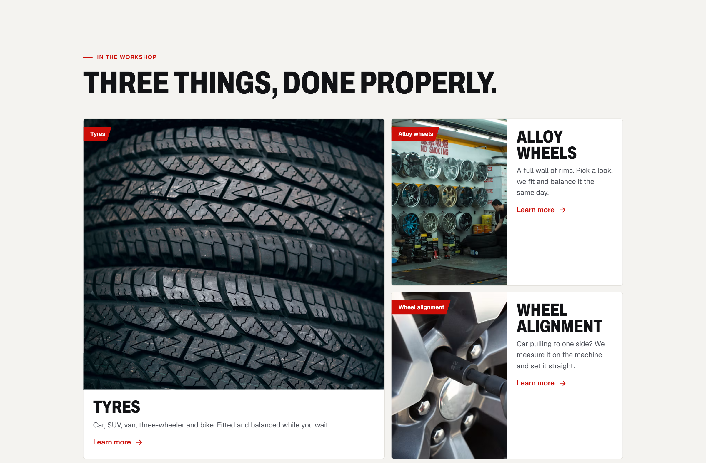Three things, done properly — tyres, alloy wheels and wheel alignment