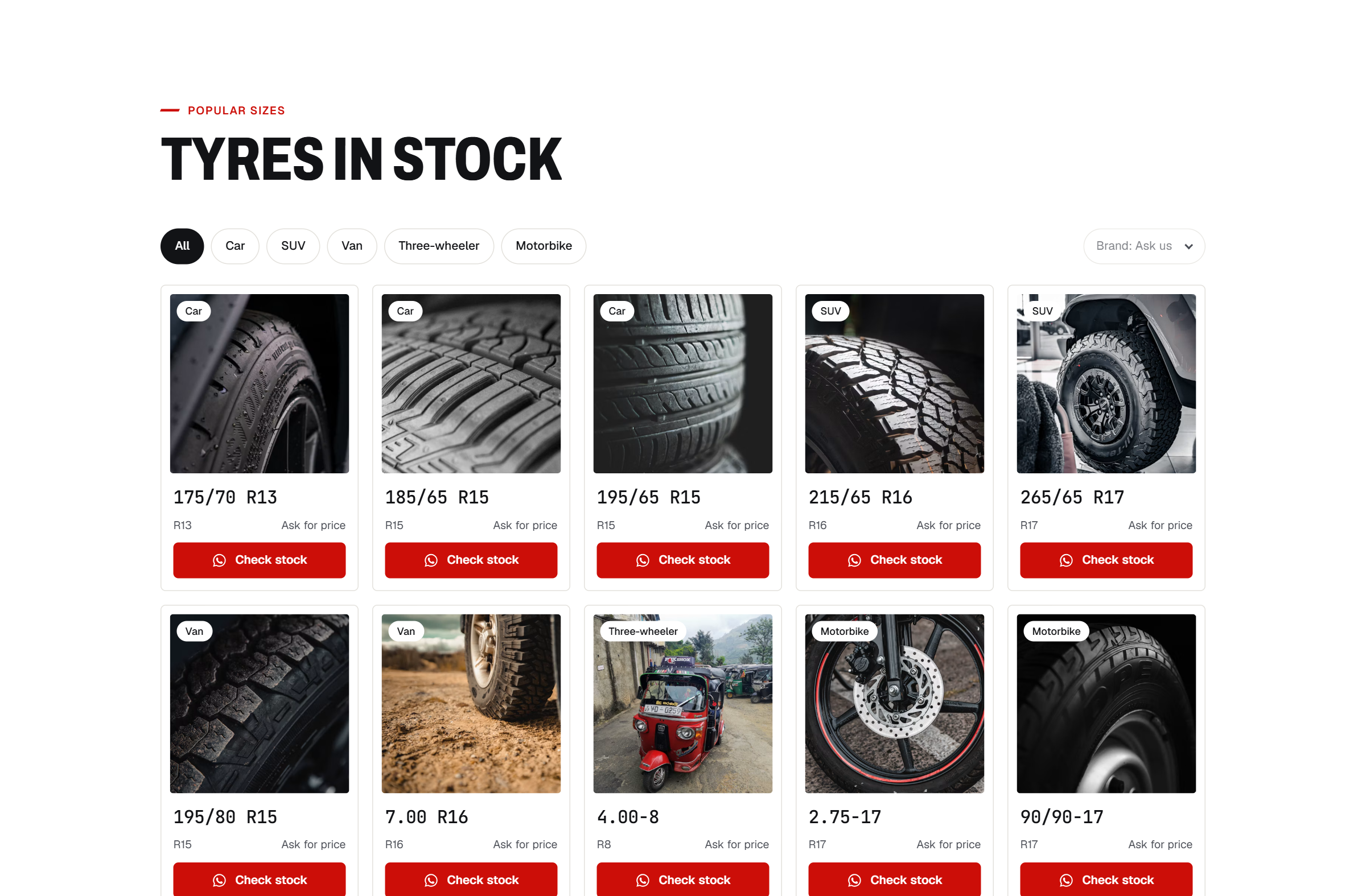 Tyres in stock — popular sizes filtered by car, SUV, van, three-wheeler and bike