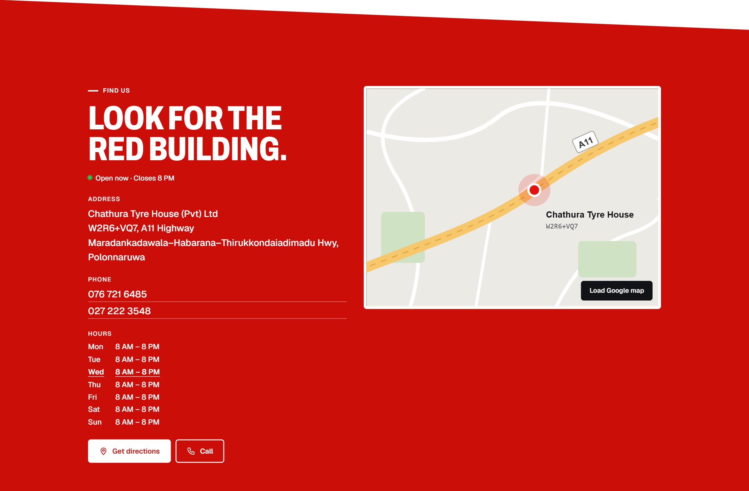 Find us — address, phone numbers, daily hours and directions