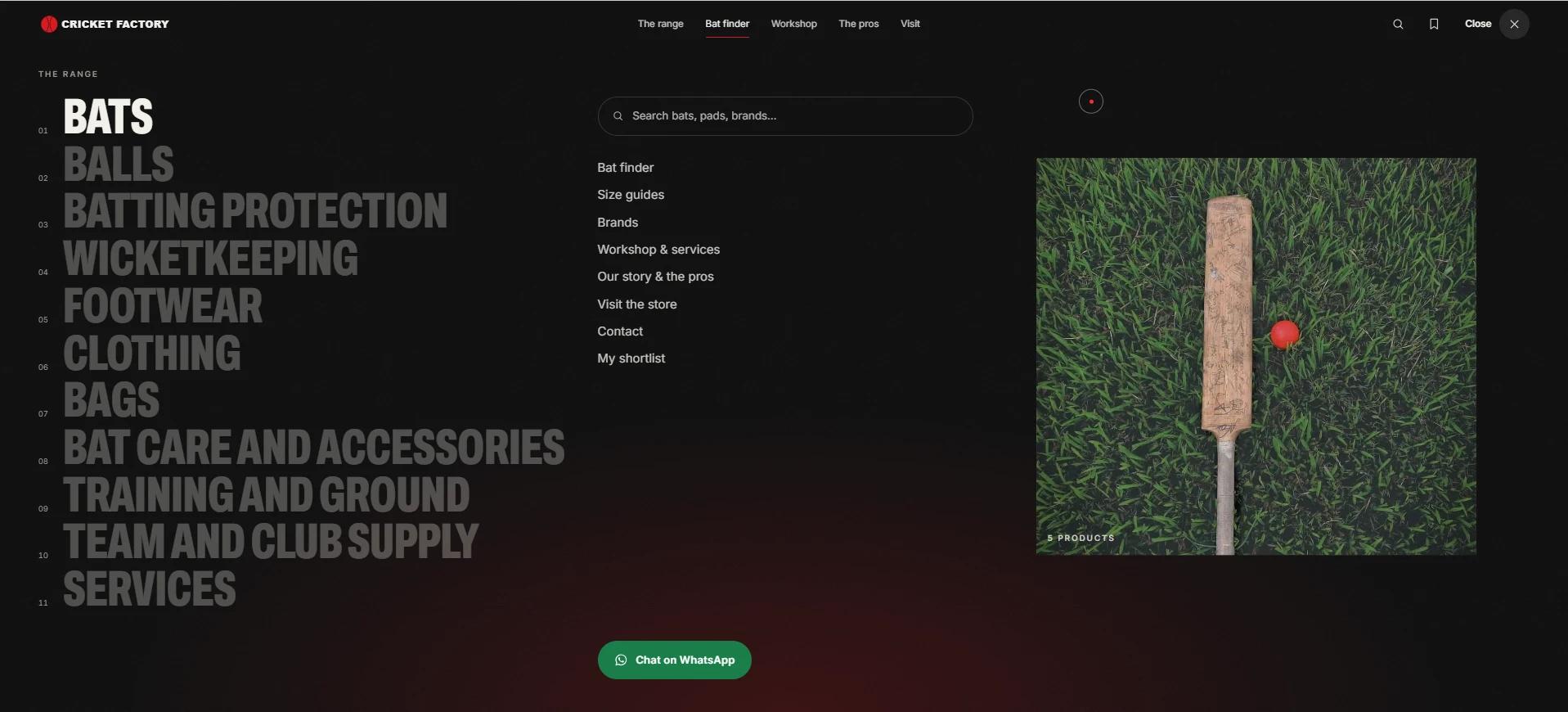 Full-screen menu with category previews, search and WhatsApp