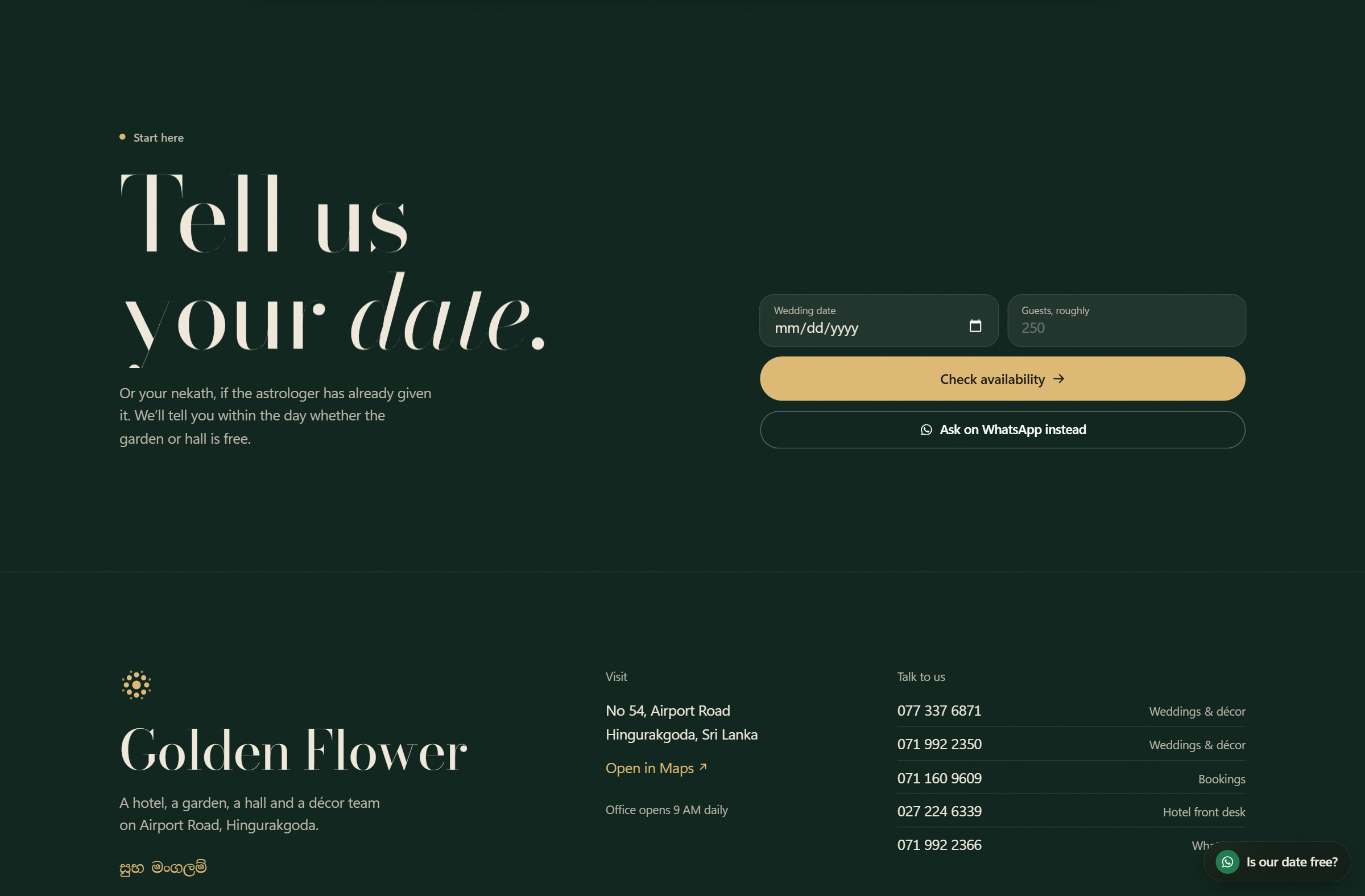 Tell us your date — availability check, WhatsApp and contacts