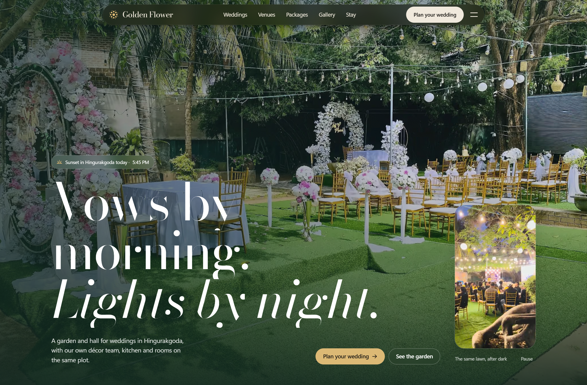 Golden Flower — Hero — “Vows by morning. Lights by night.” with the garden after dark