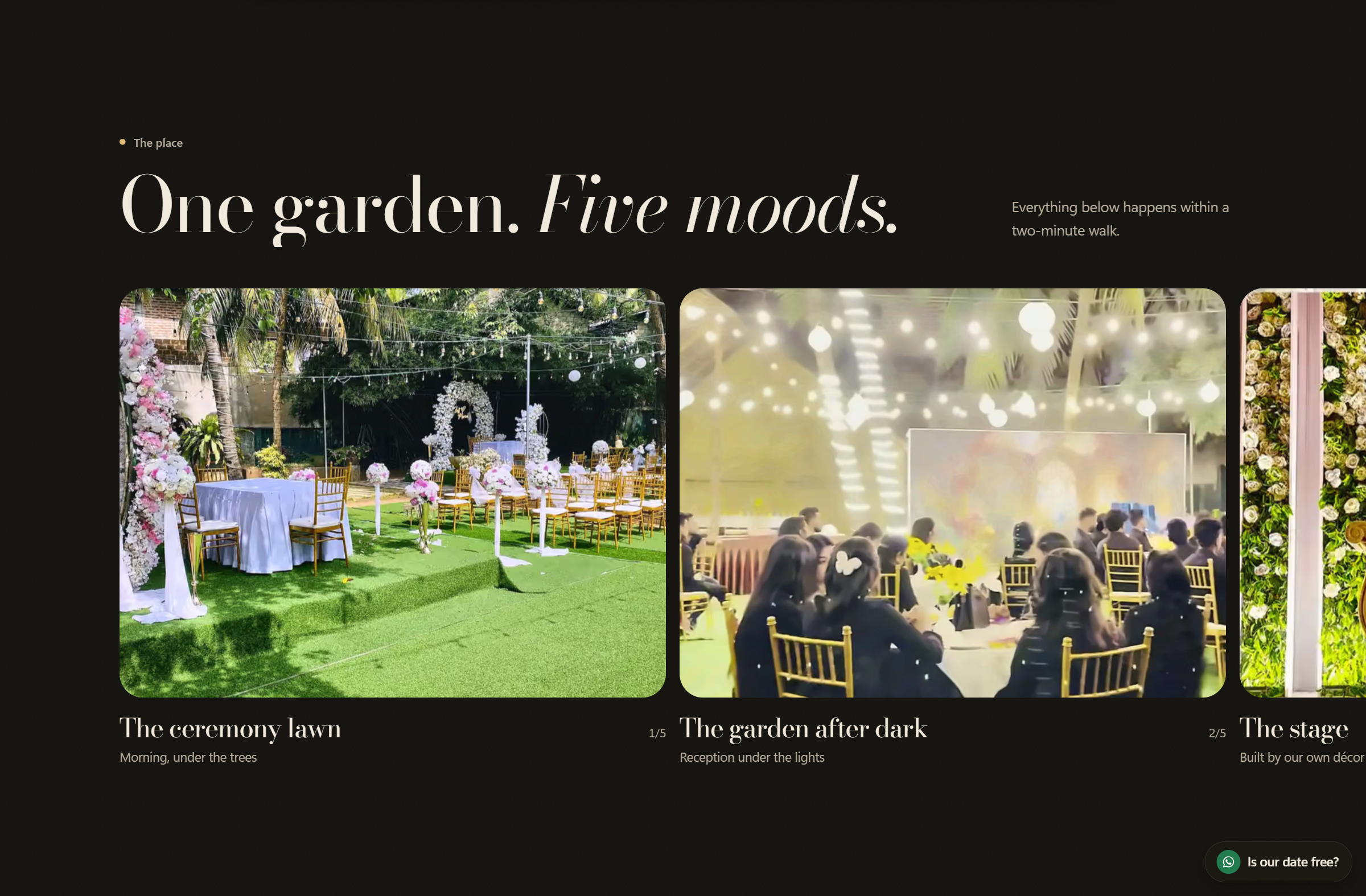 One garden, five moods — lawn, garden lights, stage, table and hall