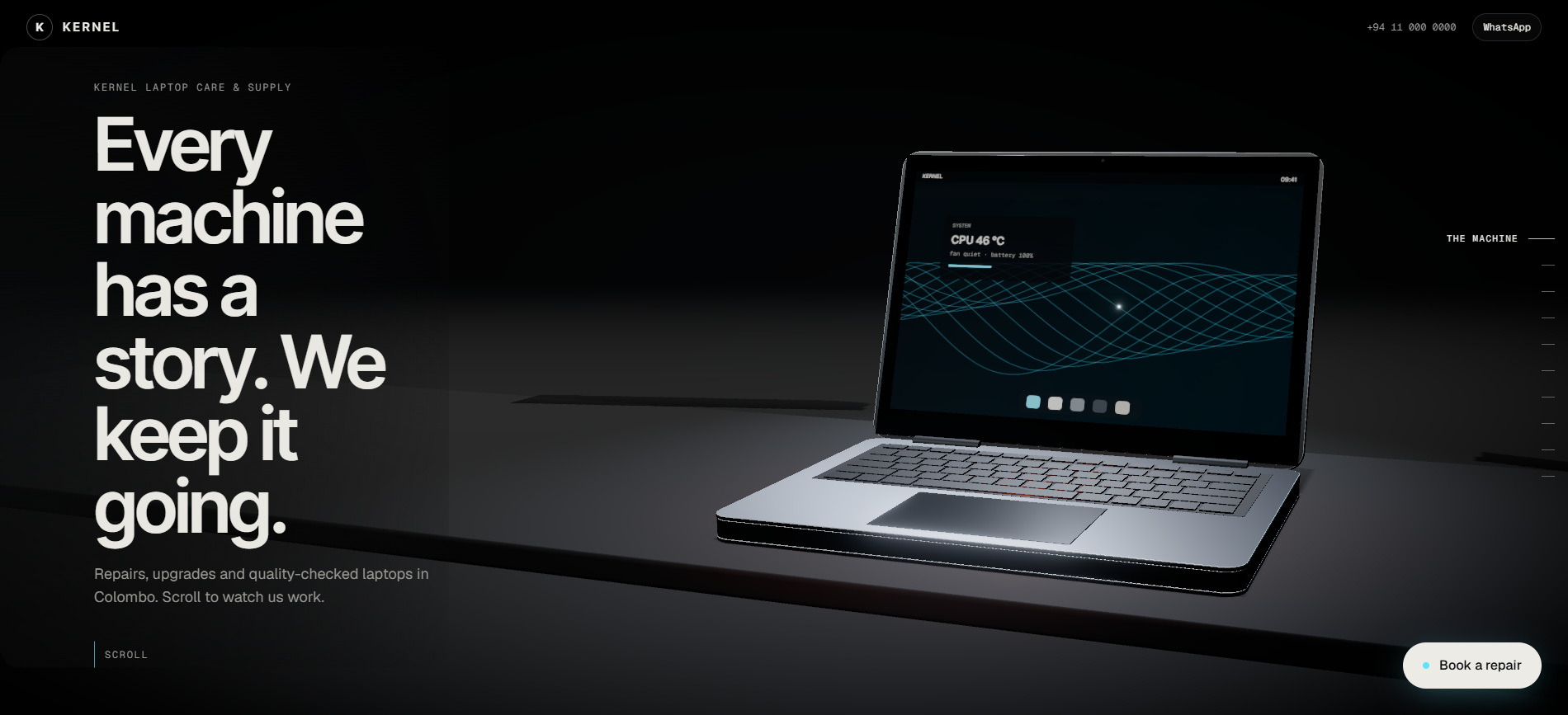 KERNEL Laptop Care — Hero — a laptop lid opens in the dark as the story begins