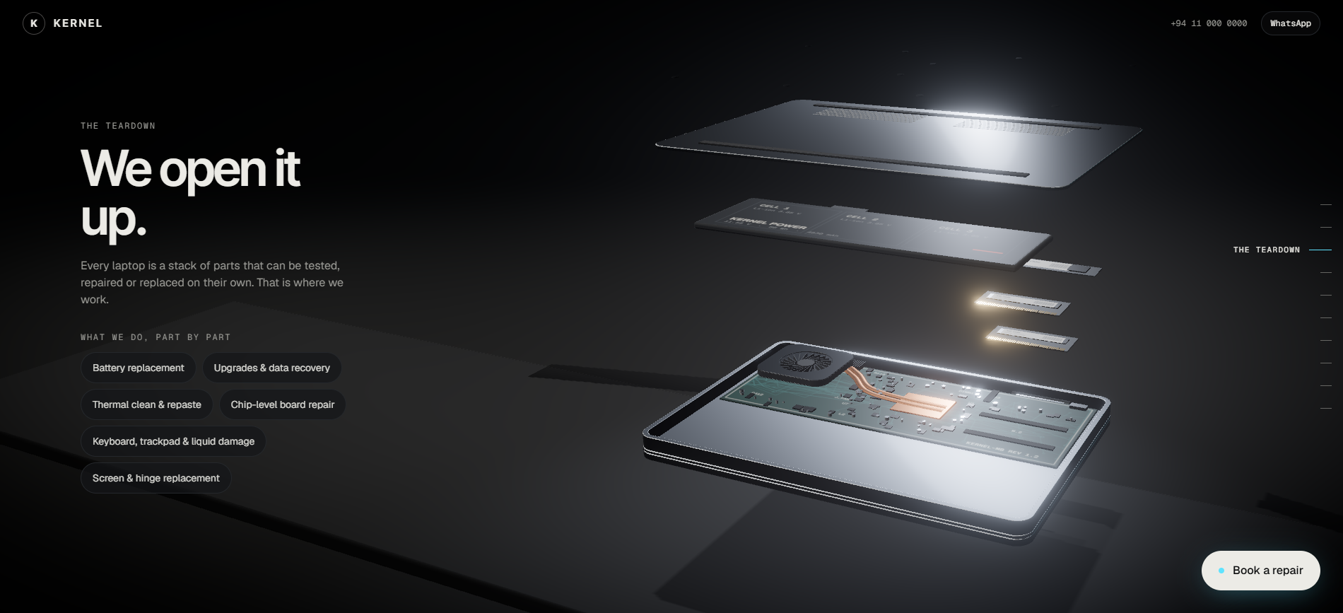 The teardown — the laptop separates into layers, one for each repair service