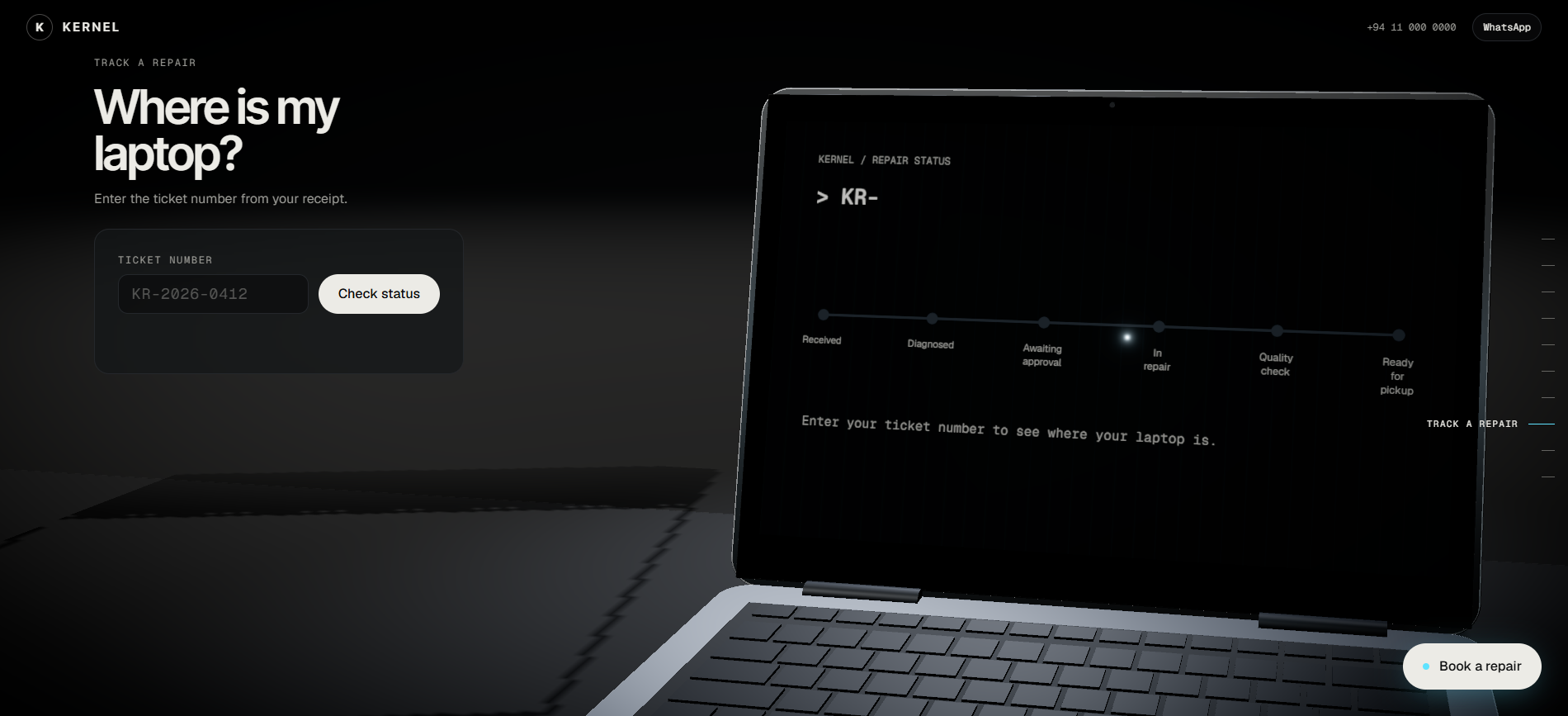 Track a repair — the status timeline appears on the laptop’s own screen
