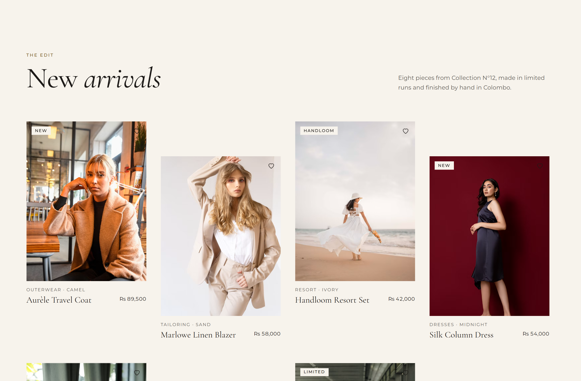 New arrivals — eight pieces with prices, add to bag and wishlist
