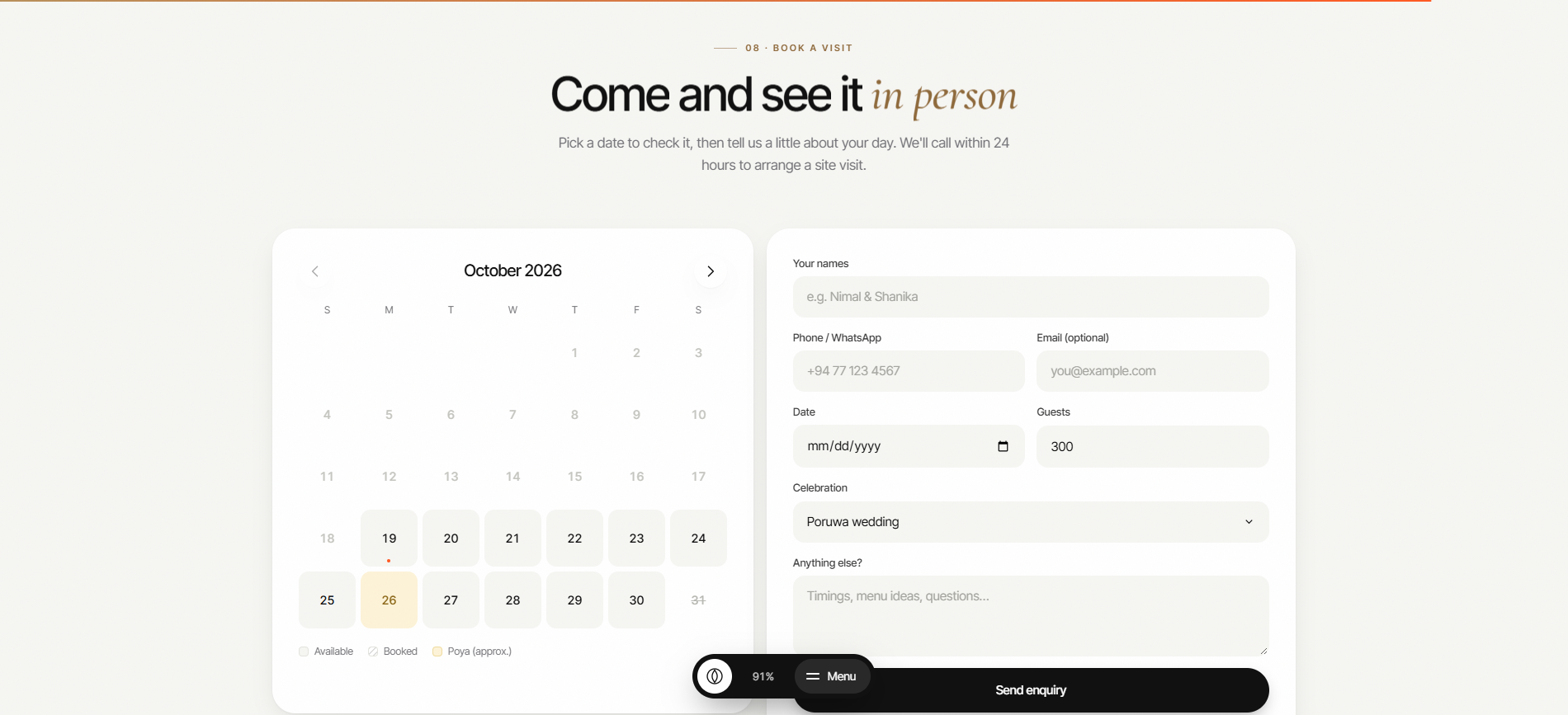 Book a visit — an availability calendar with Poya days, and an enquiry form