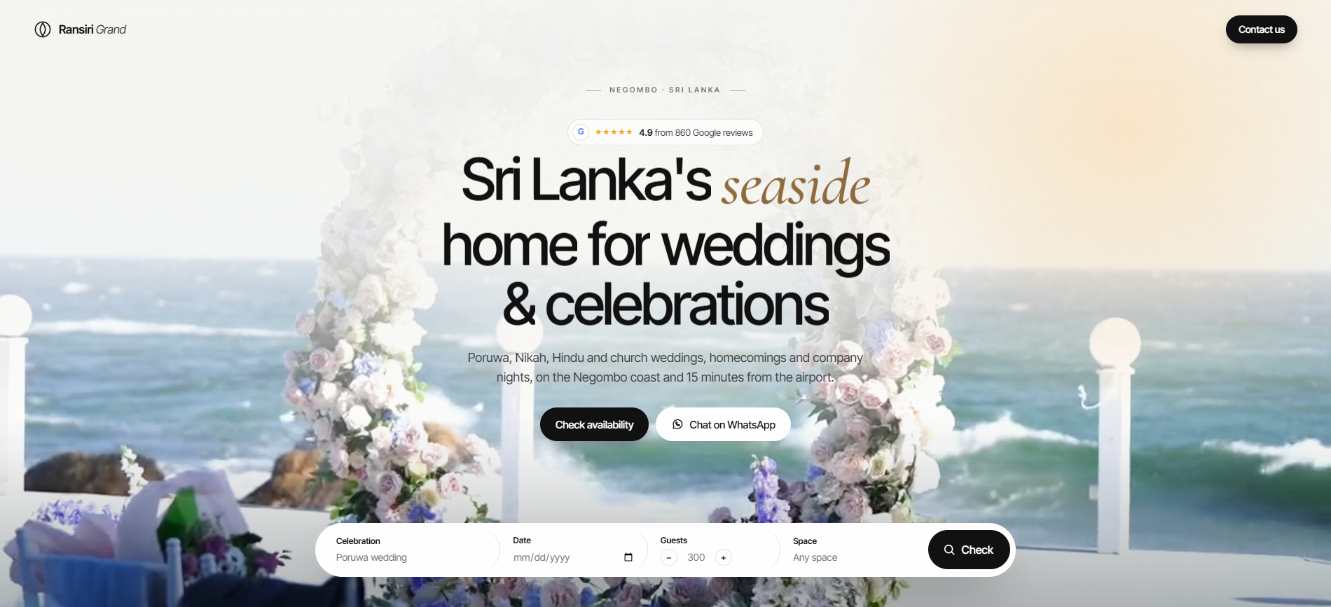 Ransiri Grand — Hero — the venue by the sea, with an availability check for date, guests and space