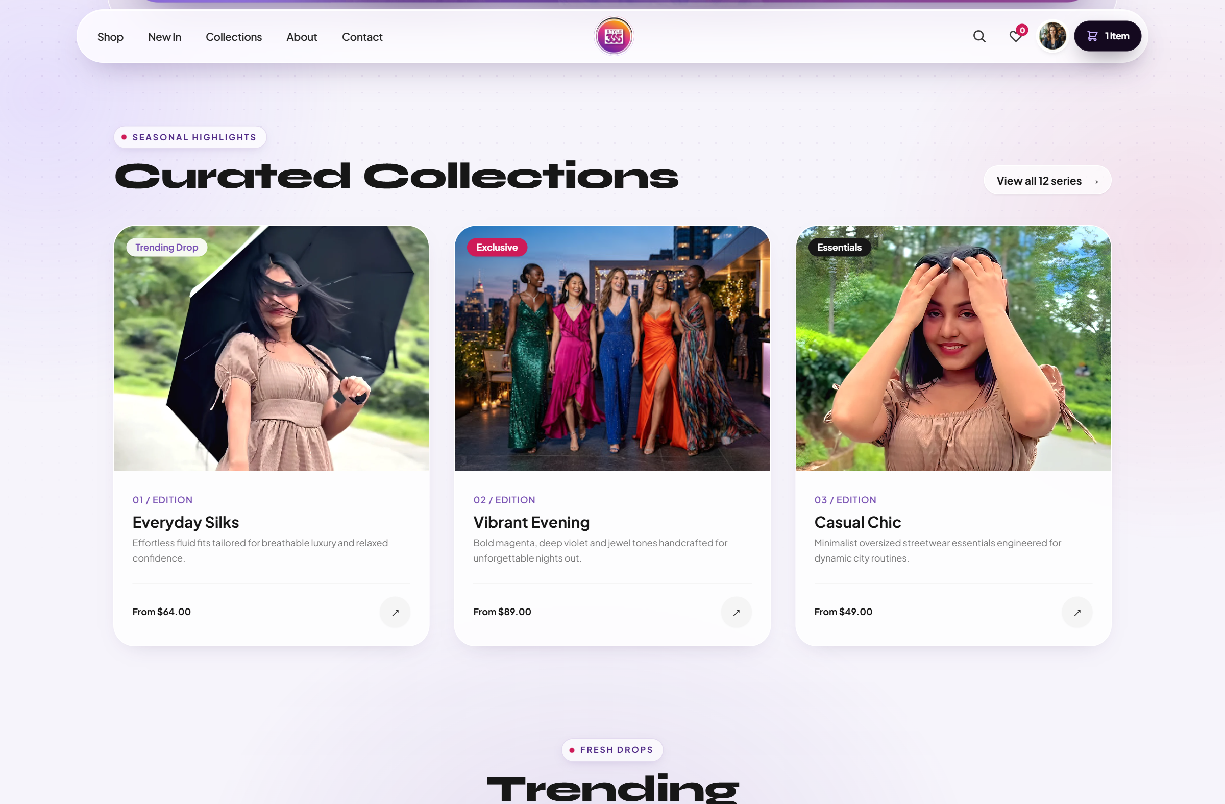 Curated collections — Everyday Silks, Vibrant Evening and Casual Chic