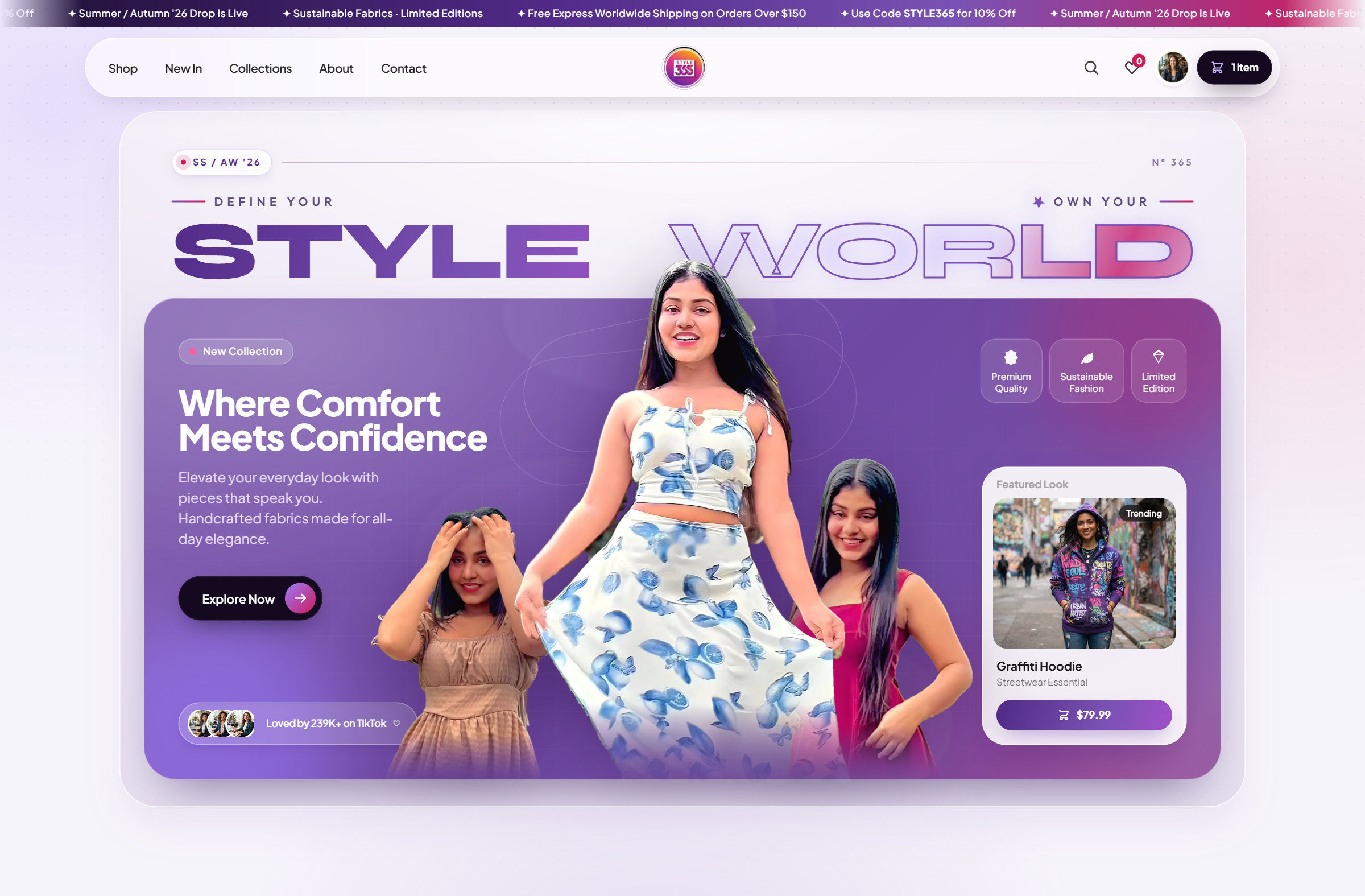 STYLE 365 — Hero — “Define your style, own your world” with a featured look