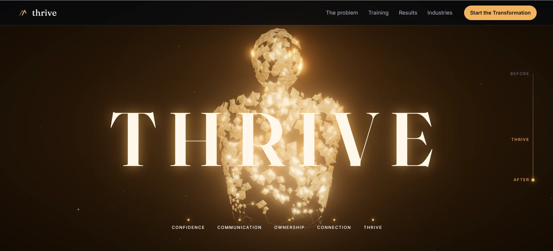 The fragments assemble into a figure: before, Thrive, after