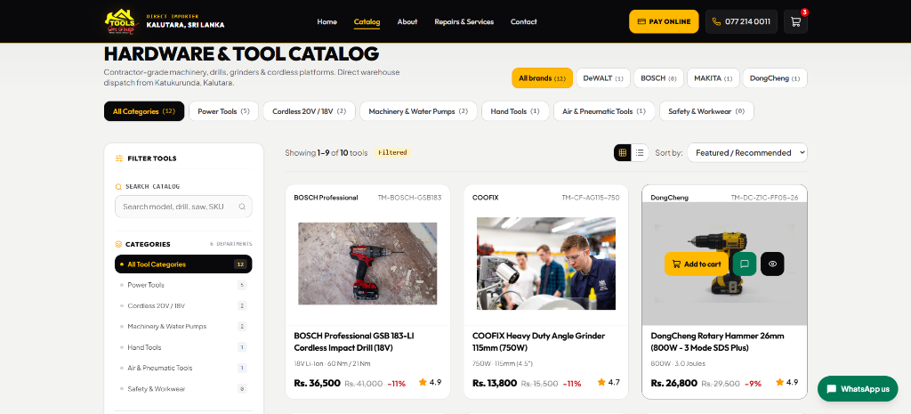 Hardware & tool catalog — contractor-grade machinery with brand and category filters