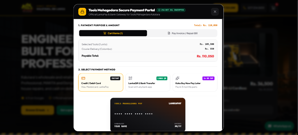 Secure payment portal — LankaPay debit/credit, LankaQR and Koko installment gateway