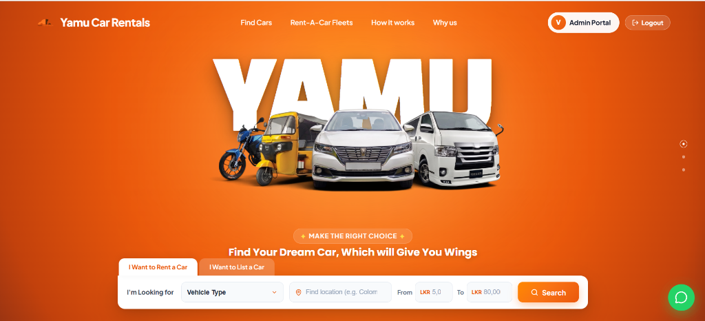 Yamu Car Rentals — Homepage hero and instant fleet search
